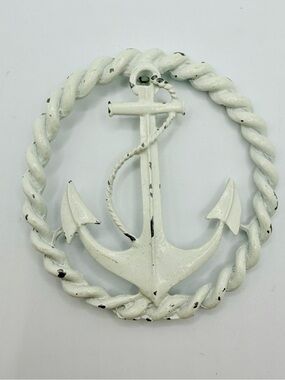Vintage Large White Enameled Nautical Round Anker Brooch